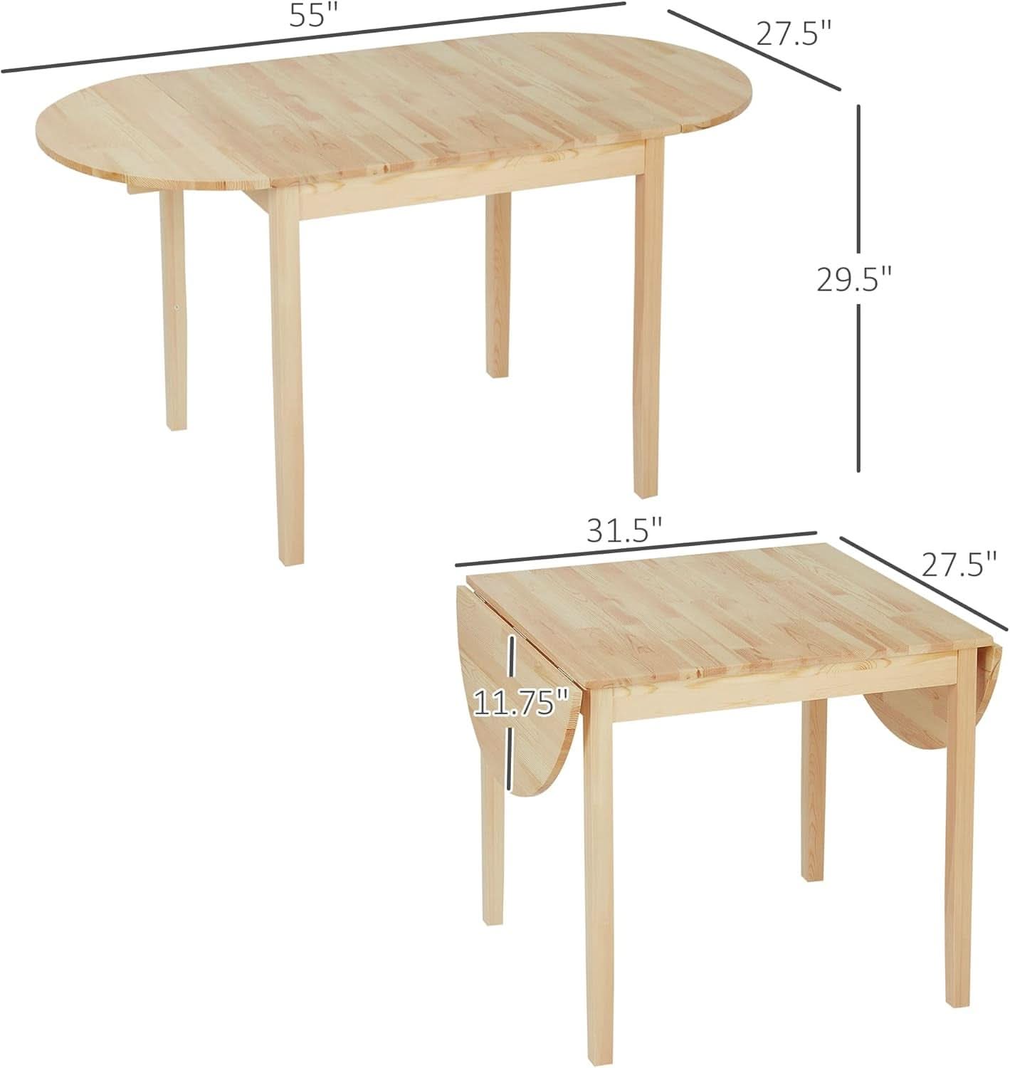 55 Inch Solid Pine Dropleaf Dining Table Expandable