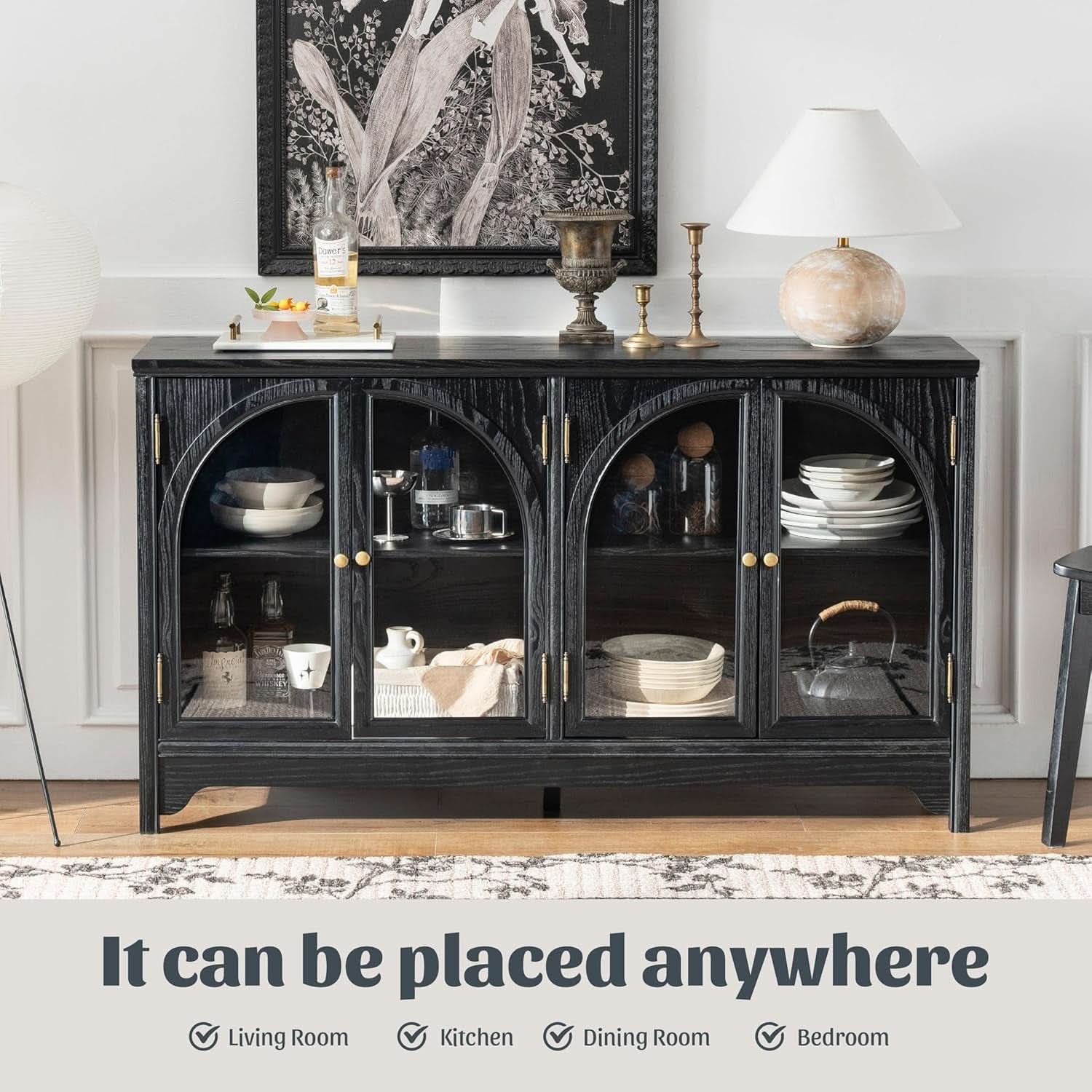55 Inch Solid Wood Buffet Cabinet Farmhouse Sideboard Black