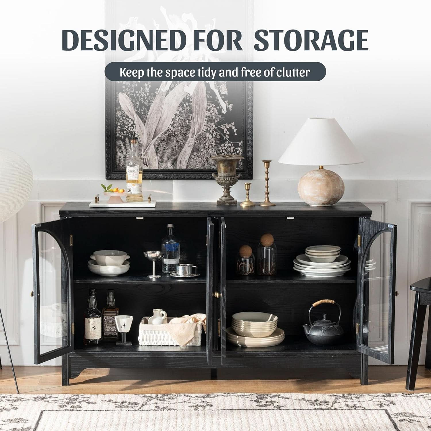 55 Inch Solid Wood Buffet Cabinet Farmhouse Sideboard Black