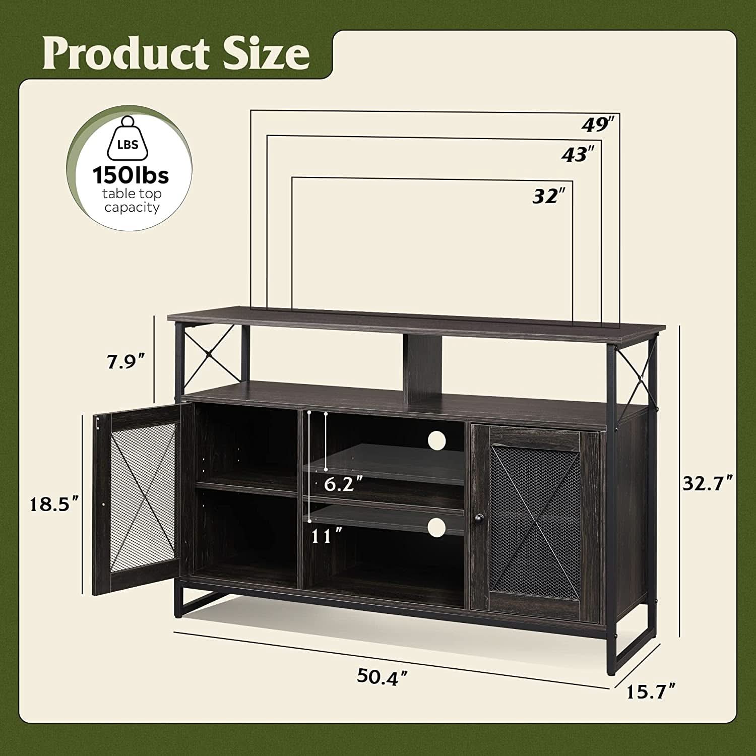 55 Inch TV Stand With Storage Console Industrial Farmhouse