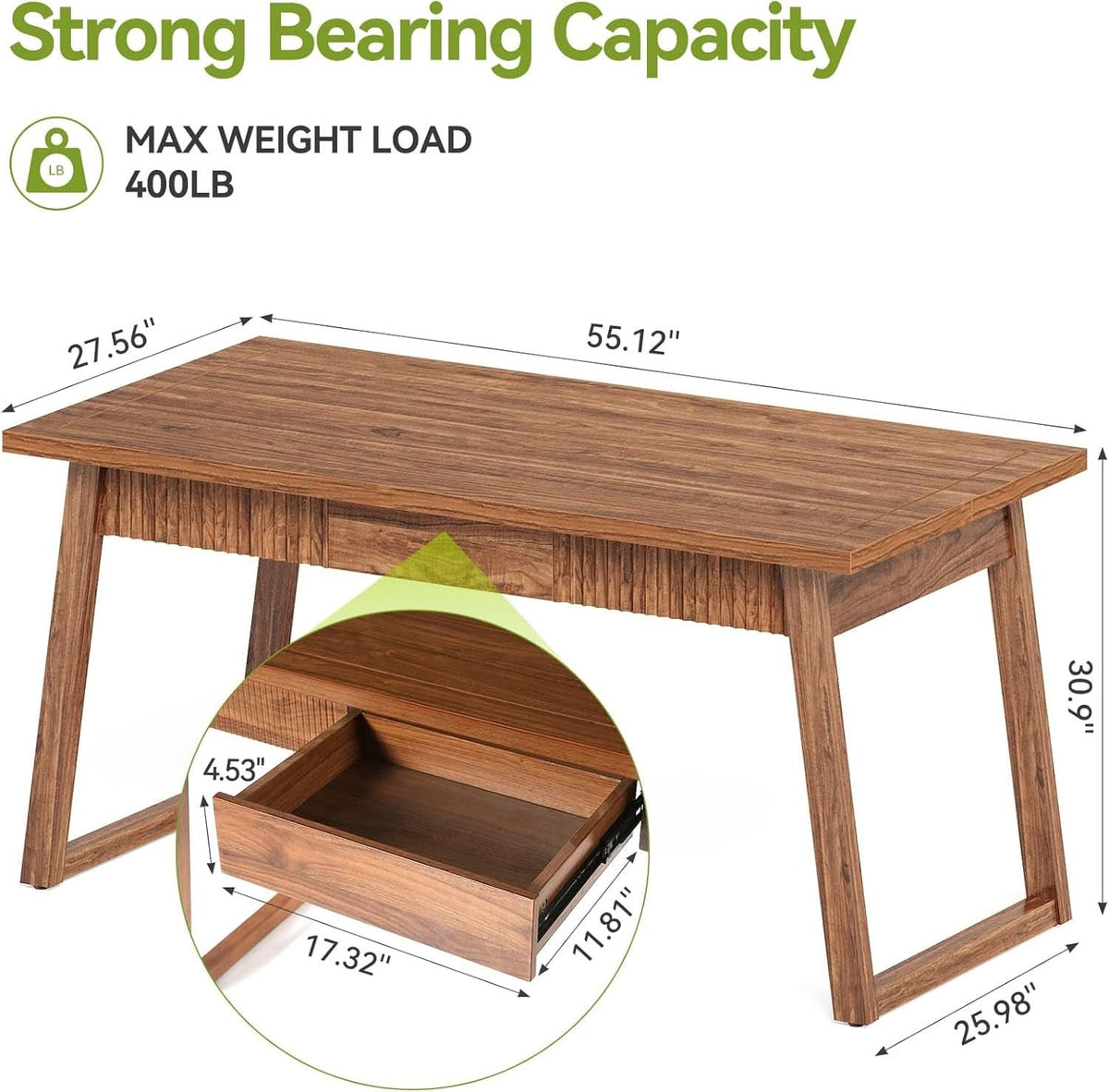 55 Inch Walnut Brown Desk With Drawer For Home Office