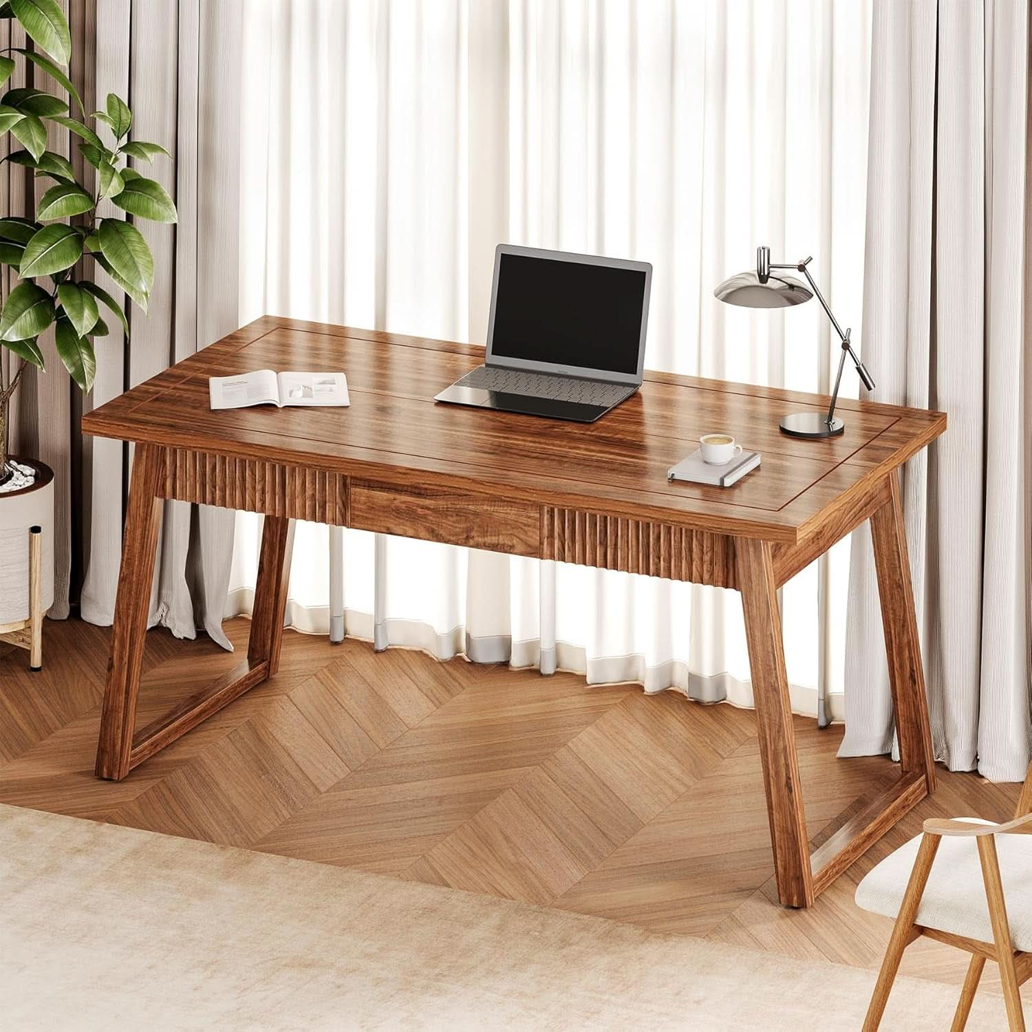 55 Inch Walnut Brown Desk With Drawer For Home Office