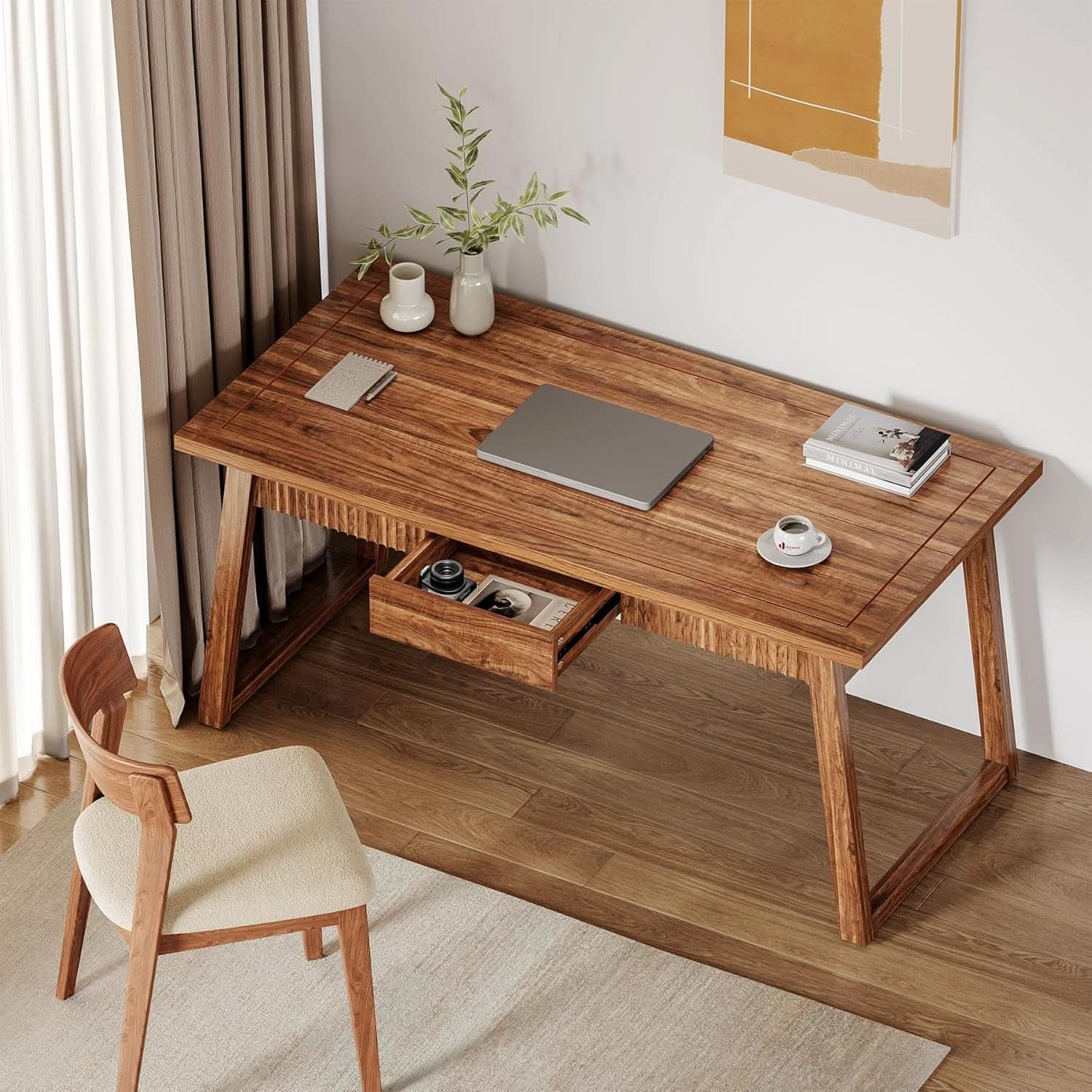 55 Inch Walnut Brown Desk With Drawer For Home Office