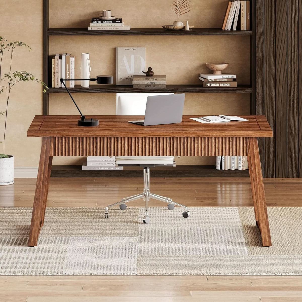55 Inch Walnut Brown Desk With Drawer For Home Office