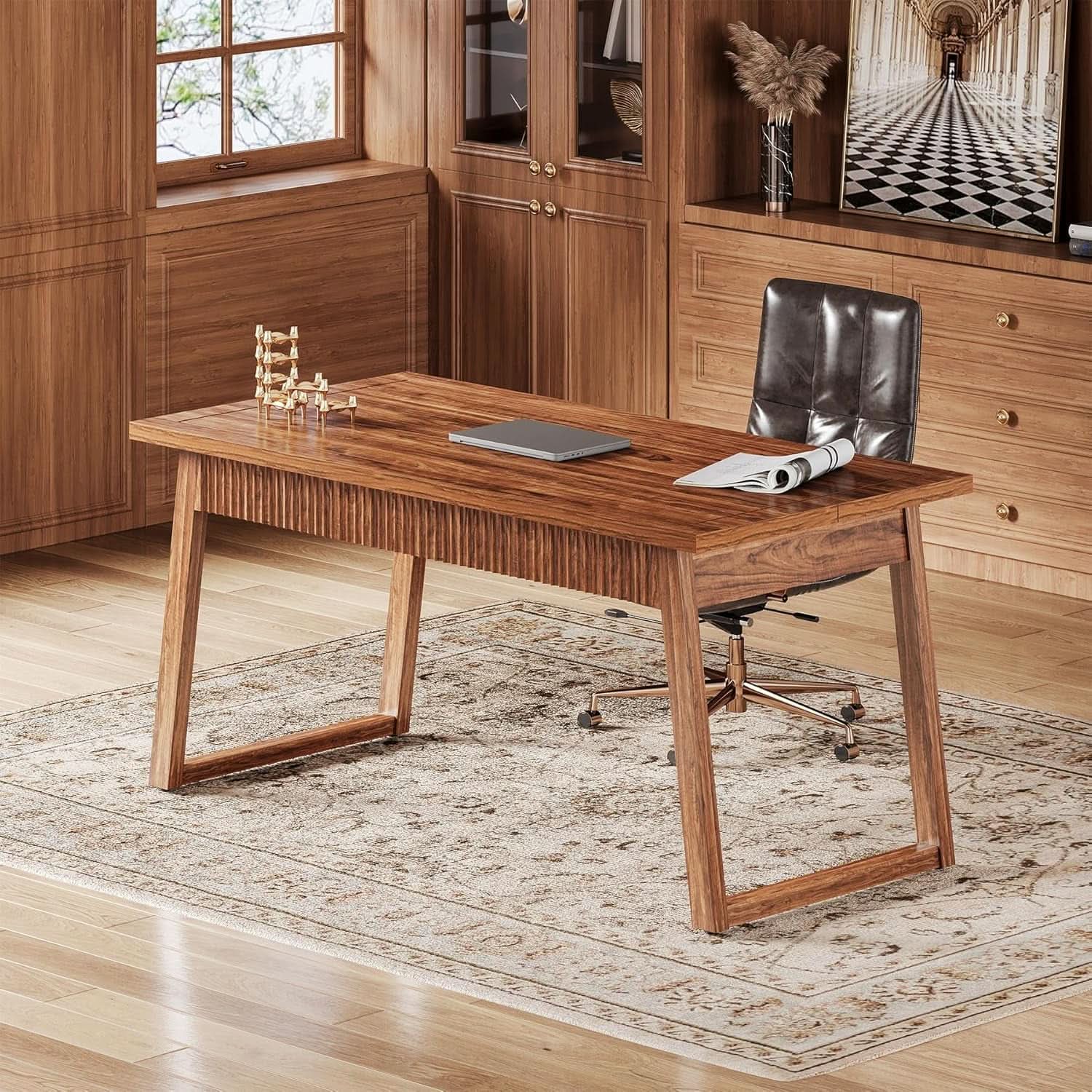 55 Inch Walnut Brown Desk With Drawer For Home Office