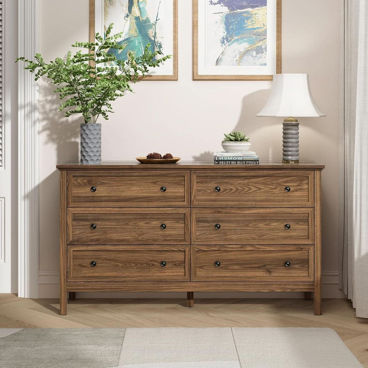 55 Inch Walnut Dresser With Six Drawers For Bedroom