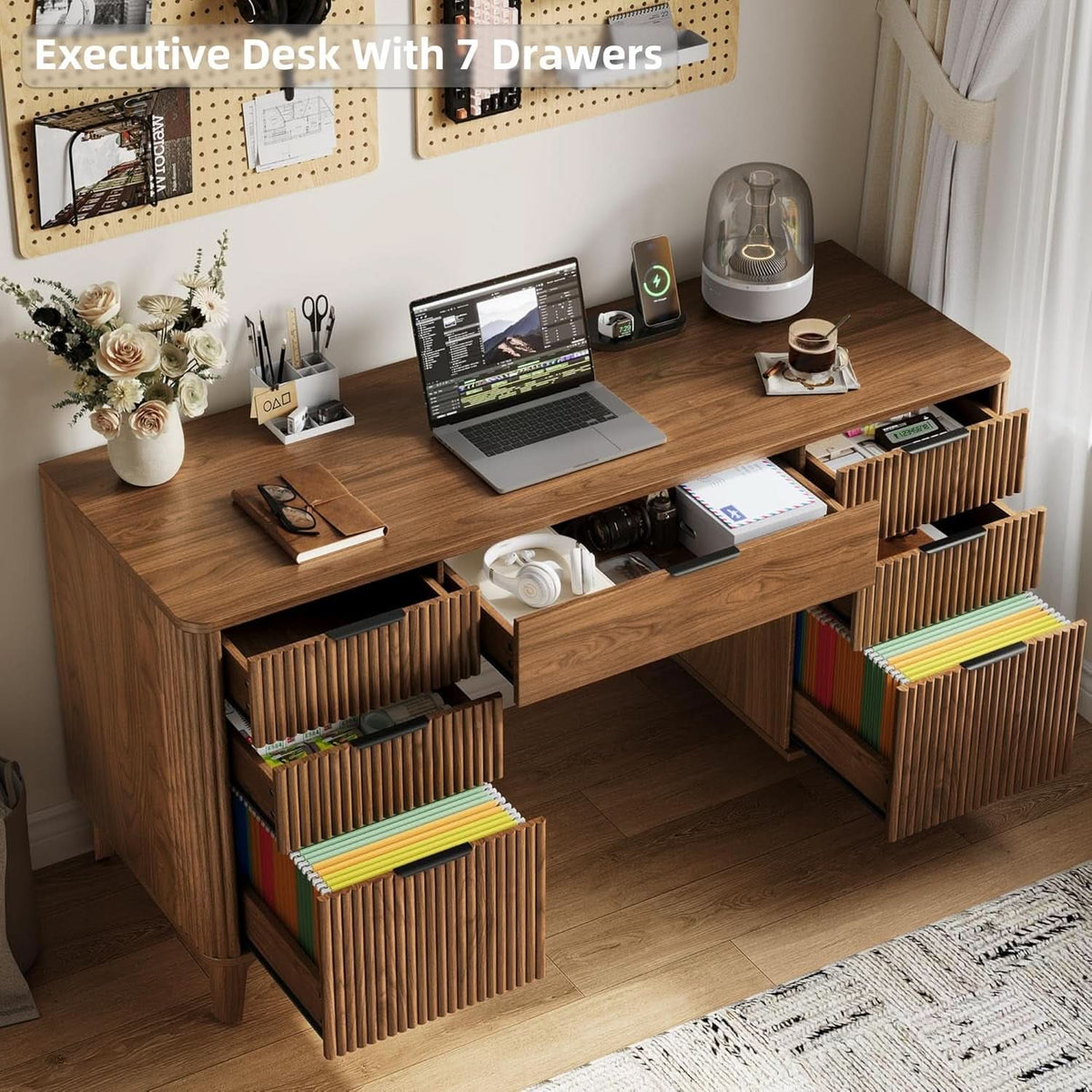 55 Inch Walnut Finish Executive Desk With Charging Port Unit
