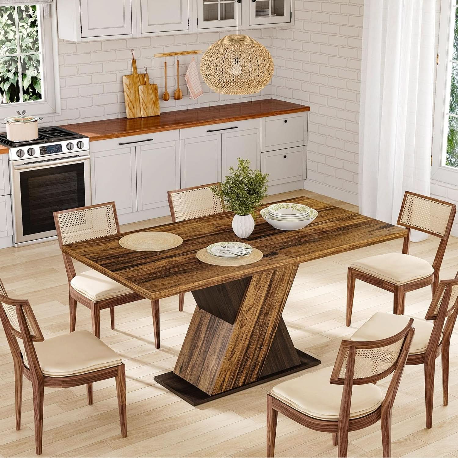 55 Inch Walnut Solid Industrial Dining Table Seats Six