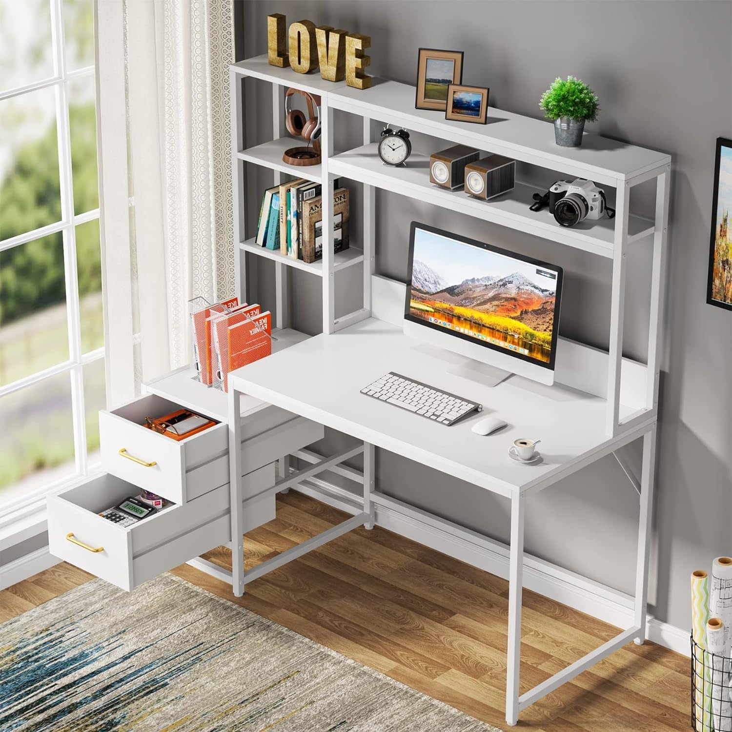 55 Inch White Computer Desk With 2 Drawers And Shelves