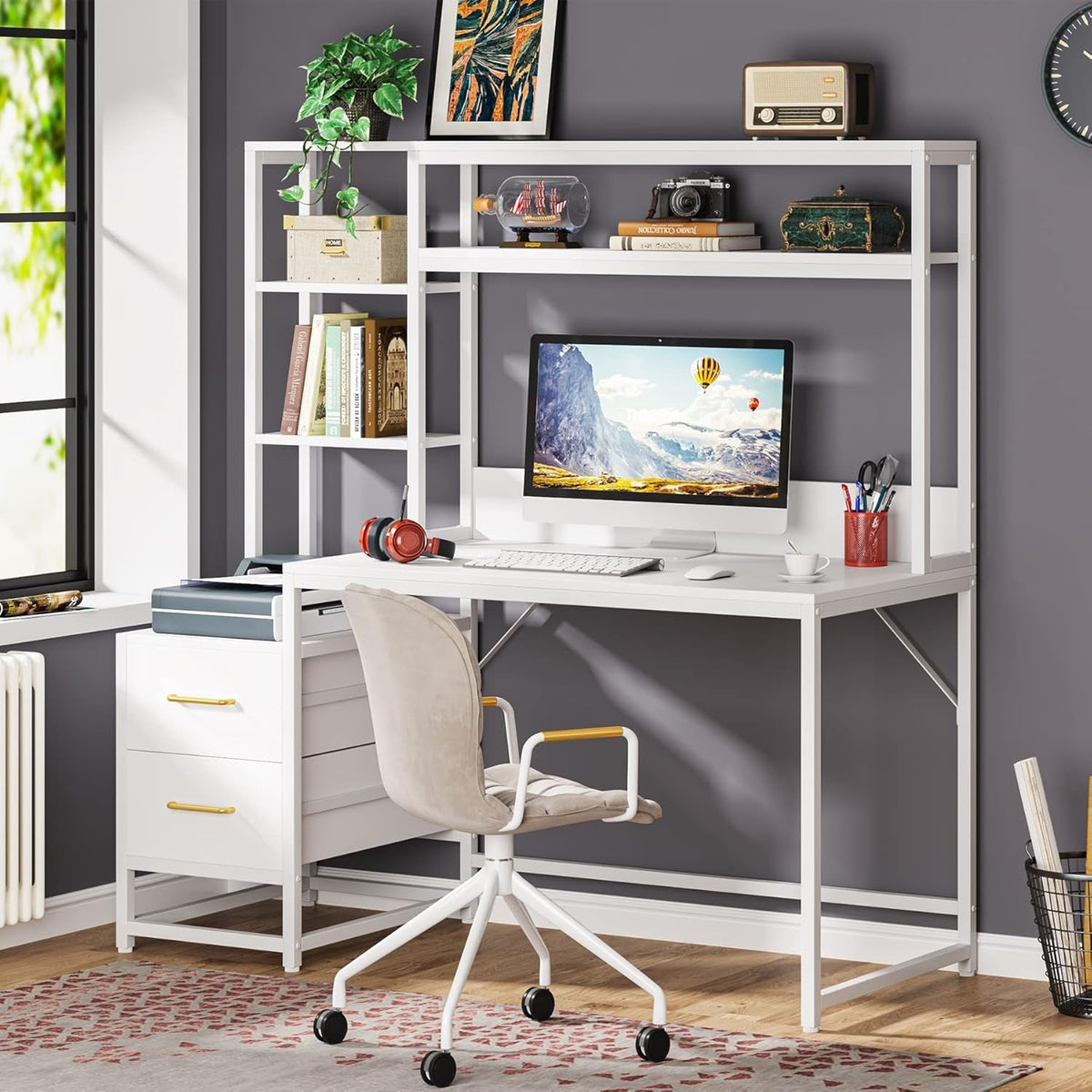 55 Inch White Computer Desk With 2 Drawers And Shelves