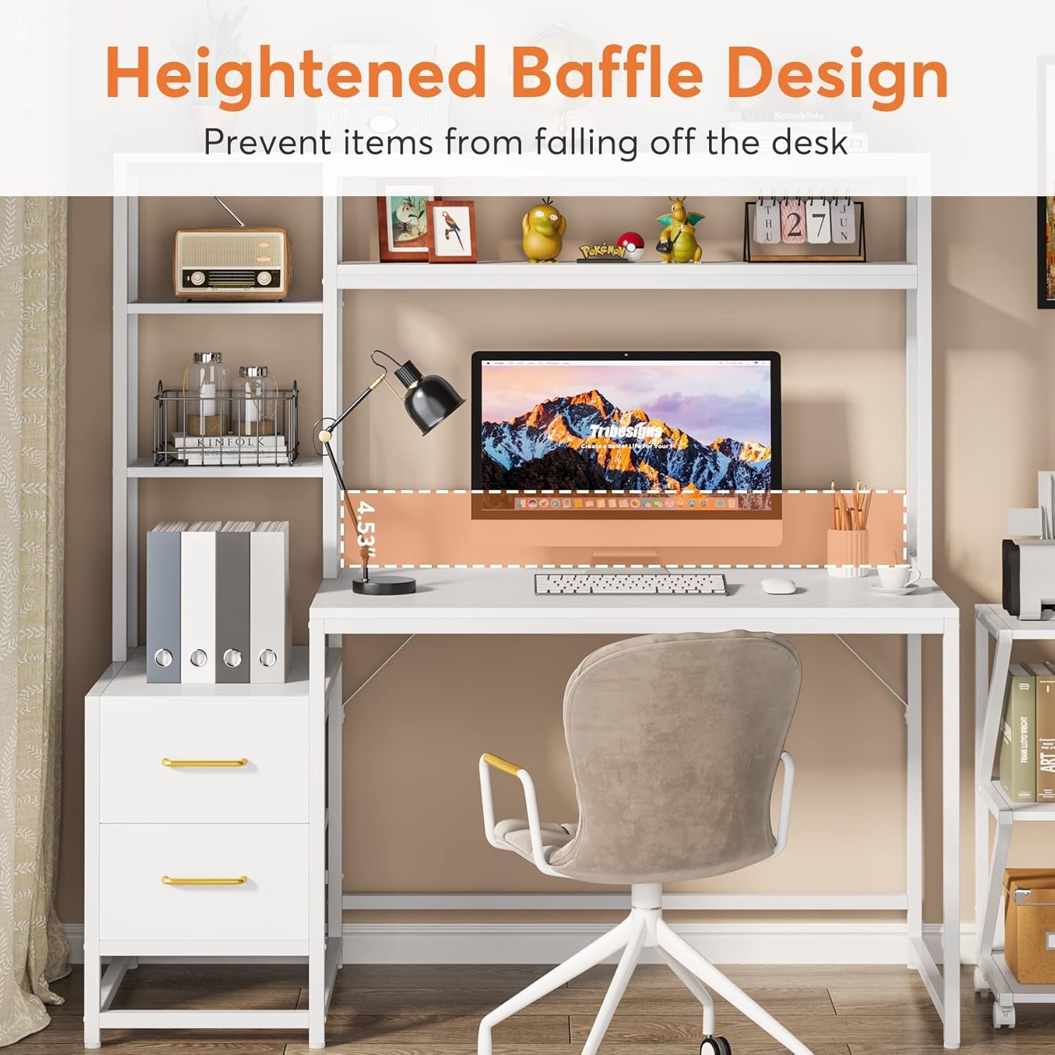 55 Inch White Computer Desk With 2 Drawers And Shelves