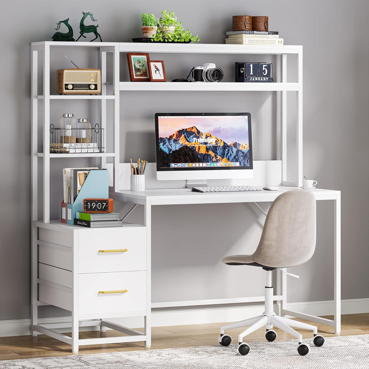 55 Inch White Computer Desk With 2 Drawers And Shelves