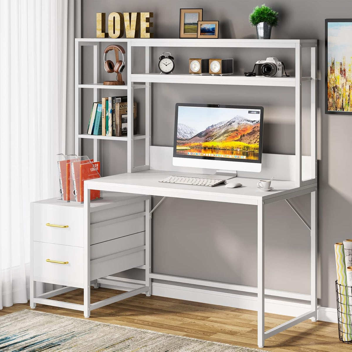55 Inch White Computer Desk With 2 Drawers And Shelves