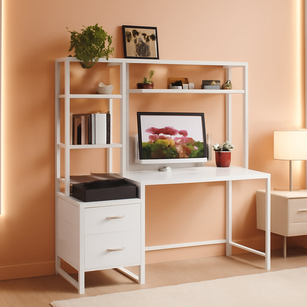 55 Inch White Computer Desk With 2 Drawers And Shelves