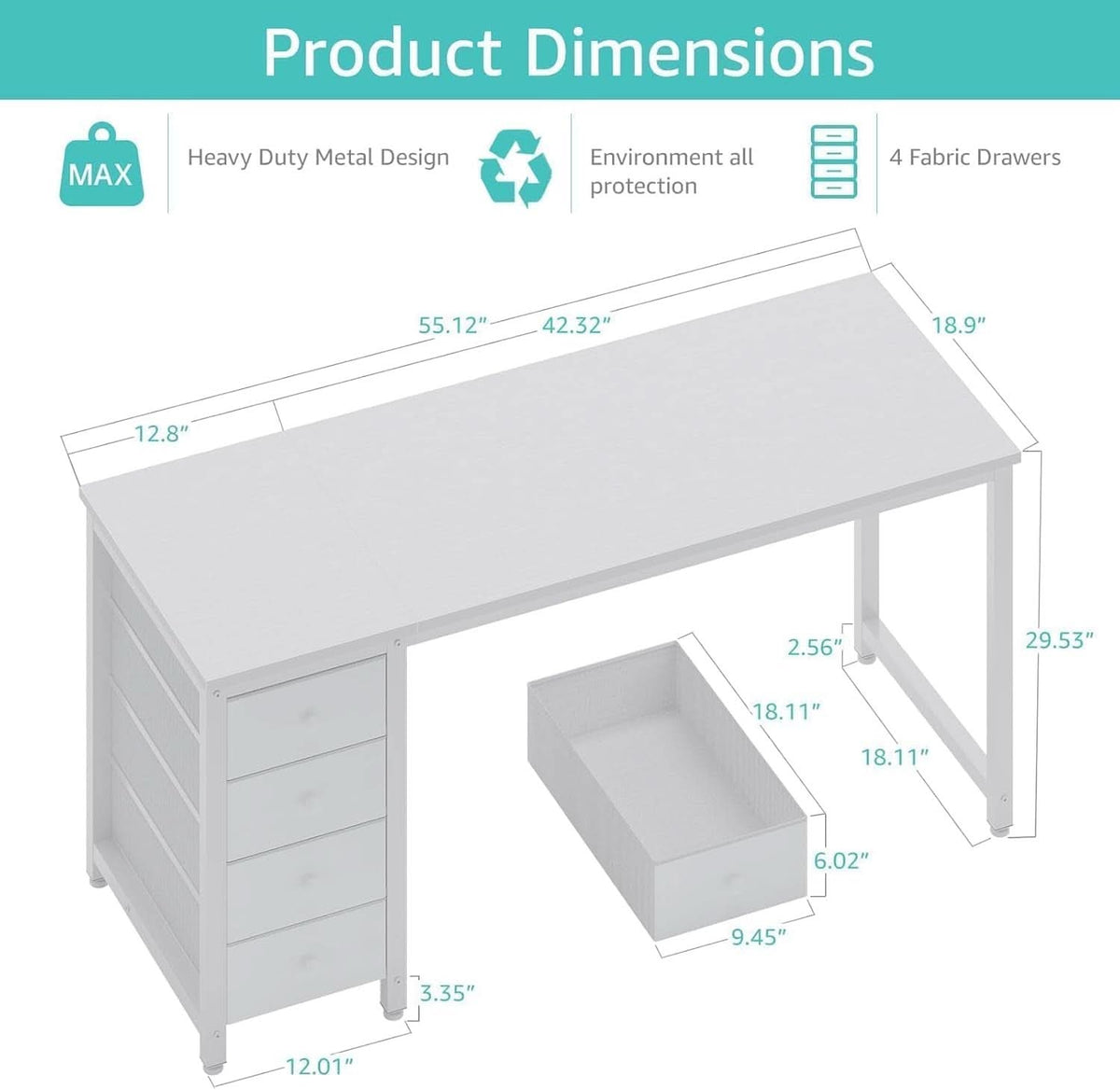 55 Inch White Computer Desk With Fabric Drawer For Home Office