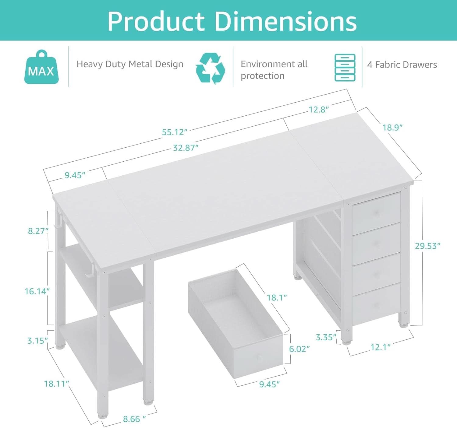 55 Inch White Computer Desk With Fabric Drawers And Storage