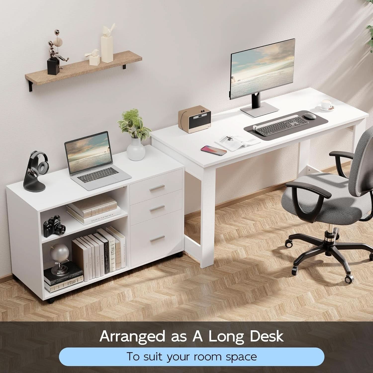 55 Inch White L Shaped Desk With Storage Drawers Shelves