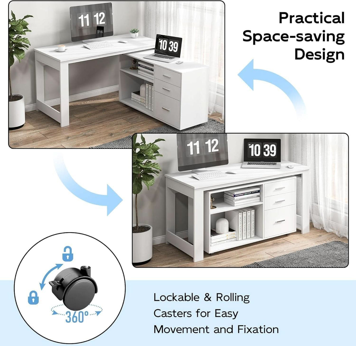 55 Inch White L Shaped Desk With Storage Drawers Shelves