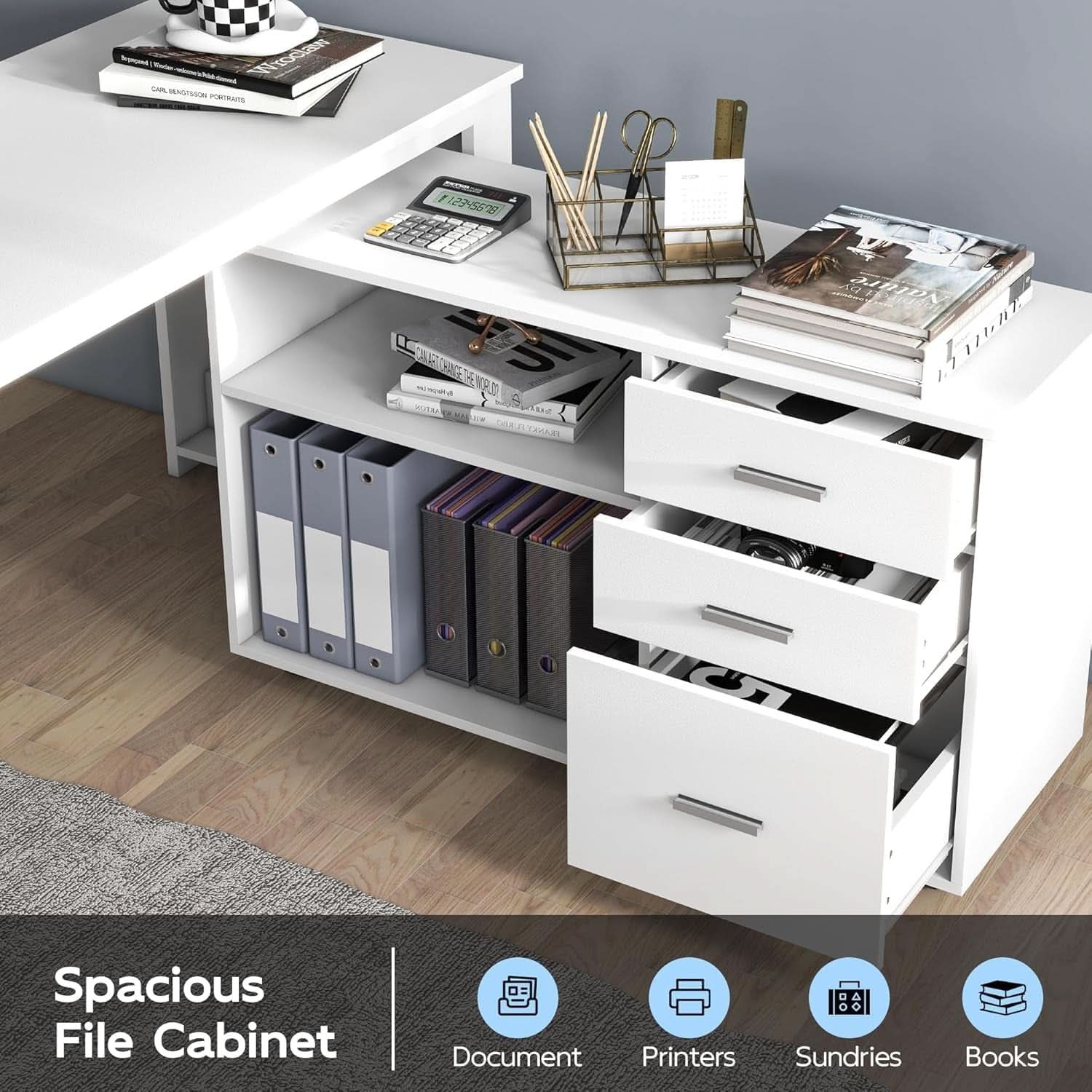 55 Inch White L Shaped Desk With Storage Drawers Shelves