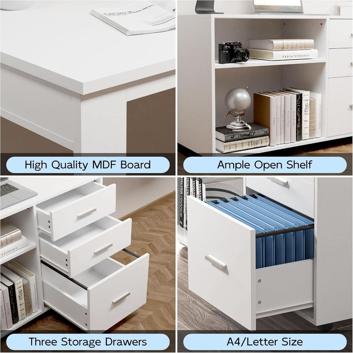55 Inch White L Shaped Desk With Storage Drawers Shelves