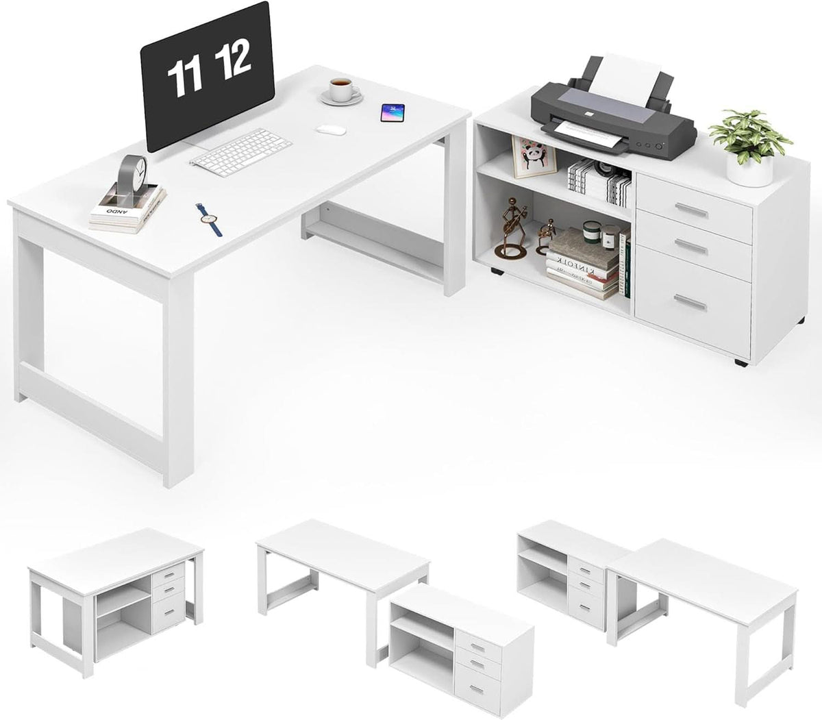 55 Inch White L Shaped Desk With Storage Drawers Shelves