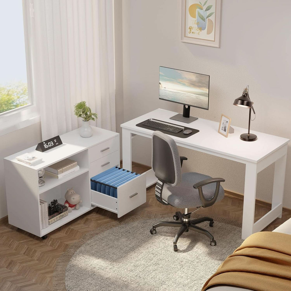 55 Inch White L Shaped Desk With Storage Drawers Shelves