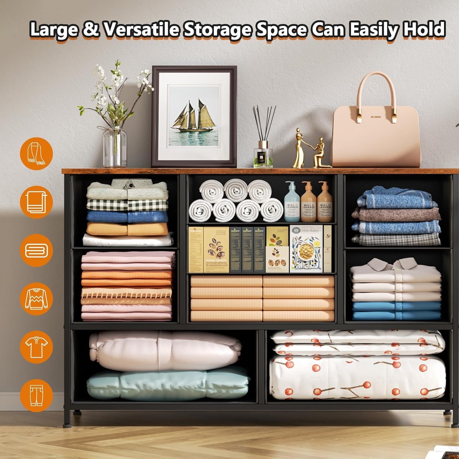 55 Inch Wide Dresser With 9 Large Drawers Rustic Brown TV Stand