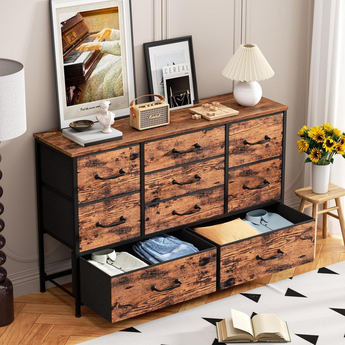 55 Inch Wide Dresser With 9 Large Drawers Rustic Brown TV Stand