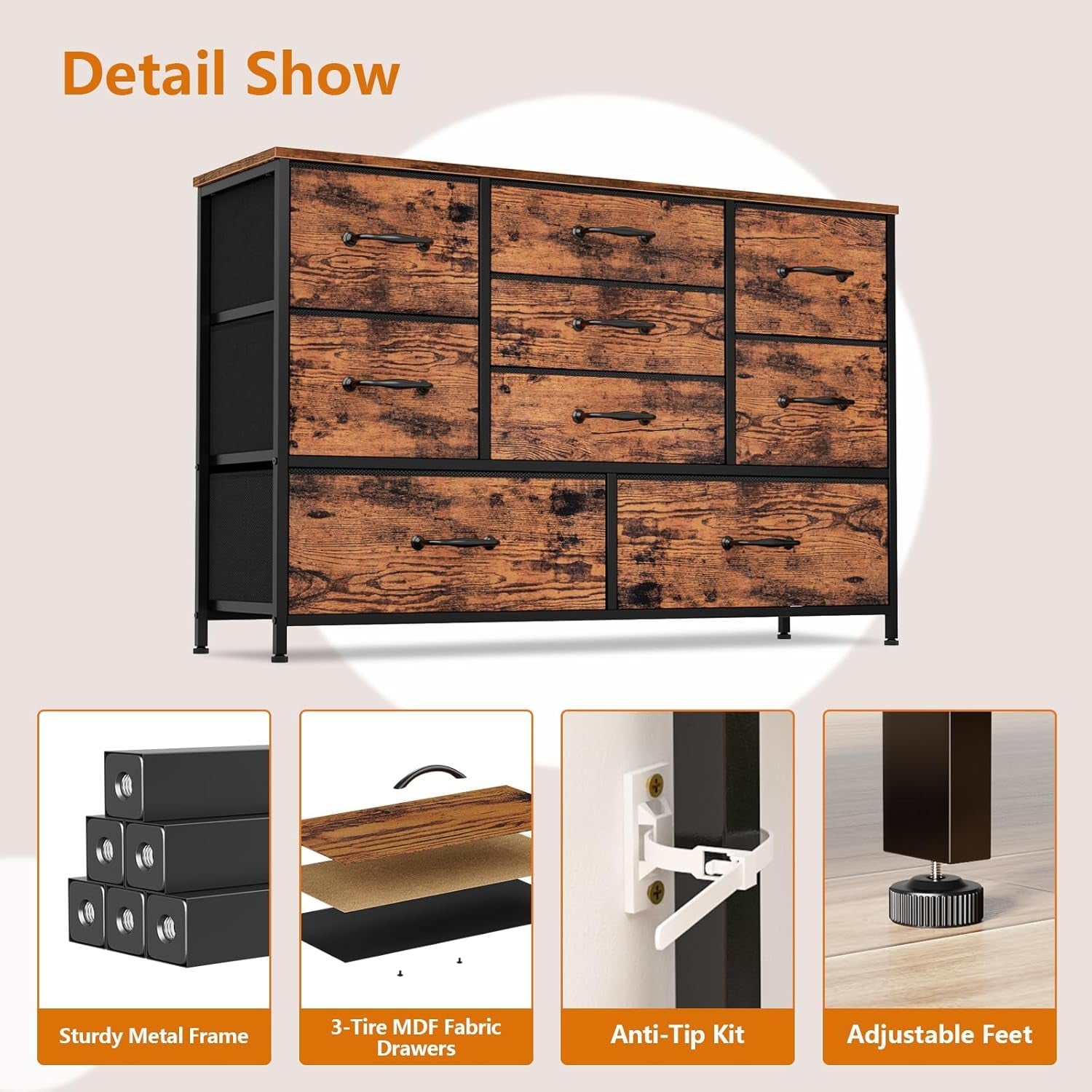55 Inch Wide Dresser With 9 Large Drawers Rustic Brown TV Stand