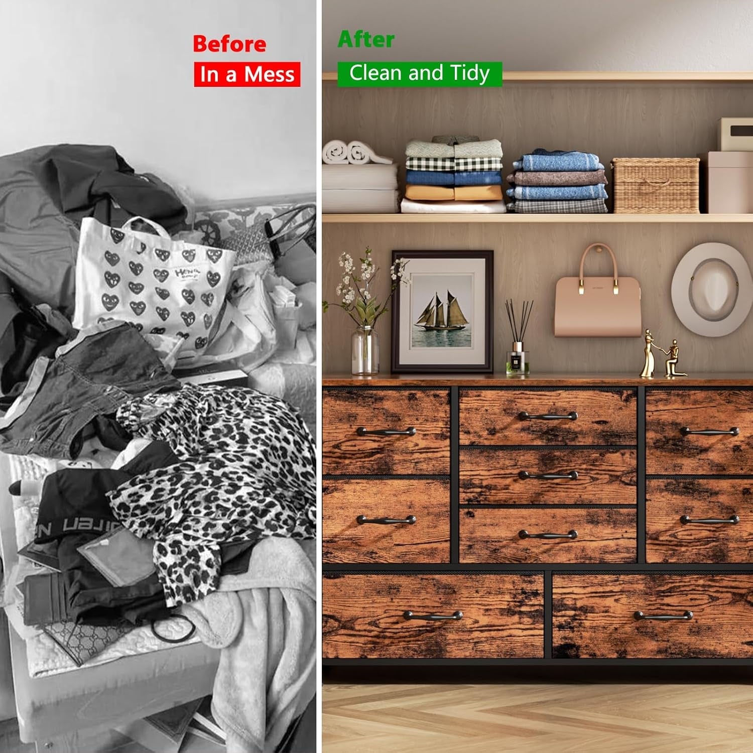 55 Inch Wide Dresser With 9 Large Drawers Rustic Brown TV Stand