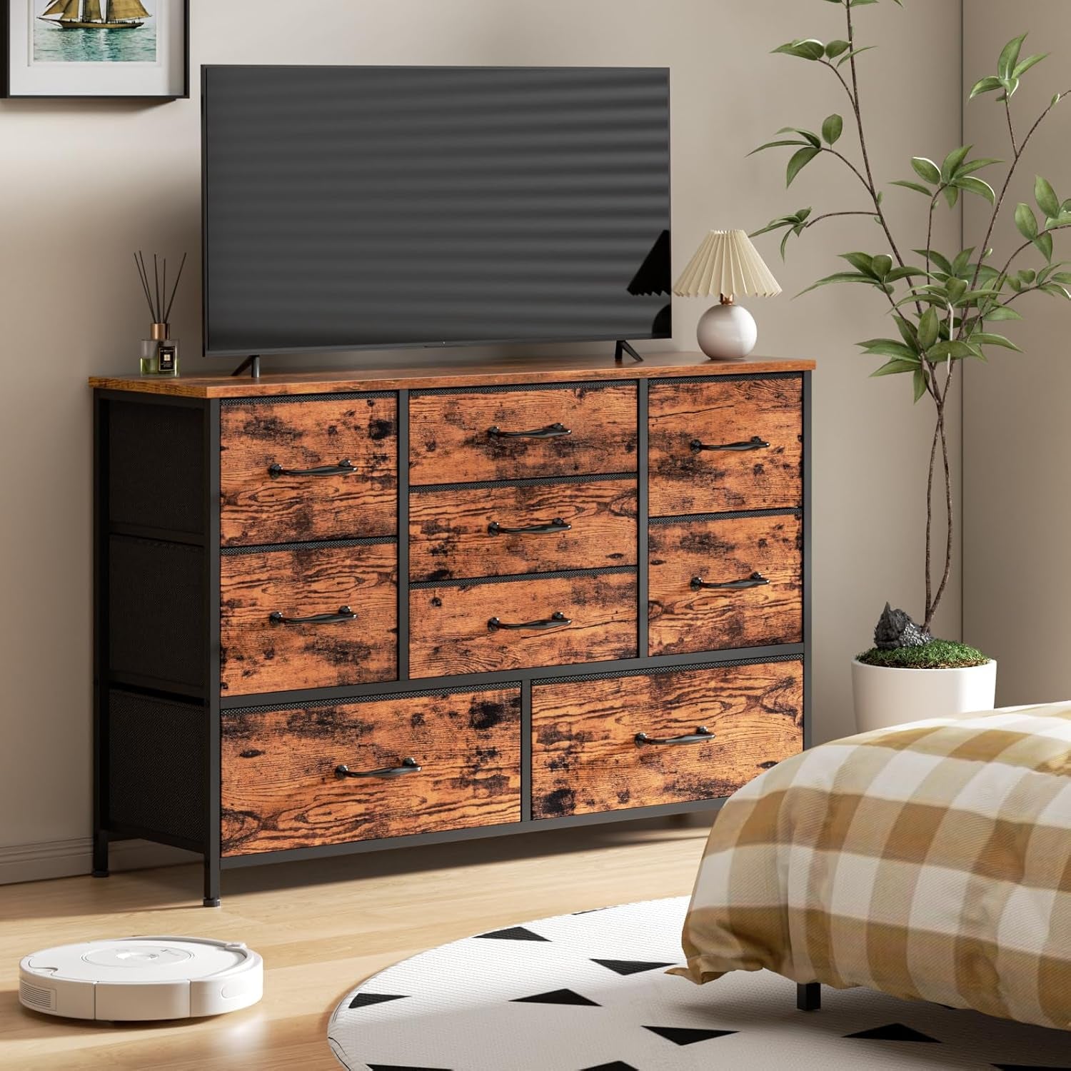 55 Inch Wide Dresser With 9 Large Drawers Rustic Brown TV Stand