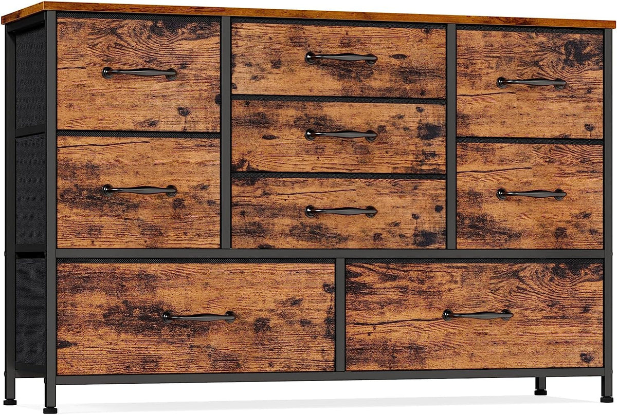 55 Inch Wide Dresser With 9 Large Drawers Rustic Brown TV Stand