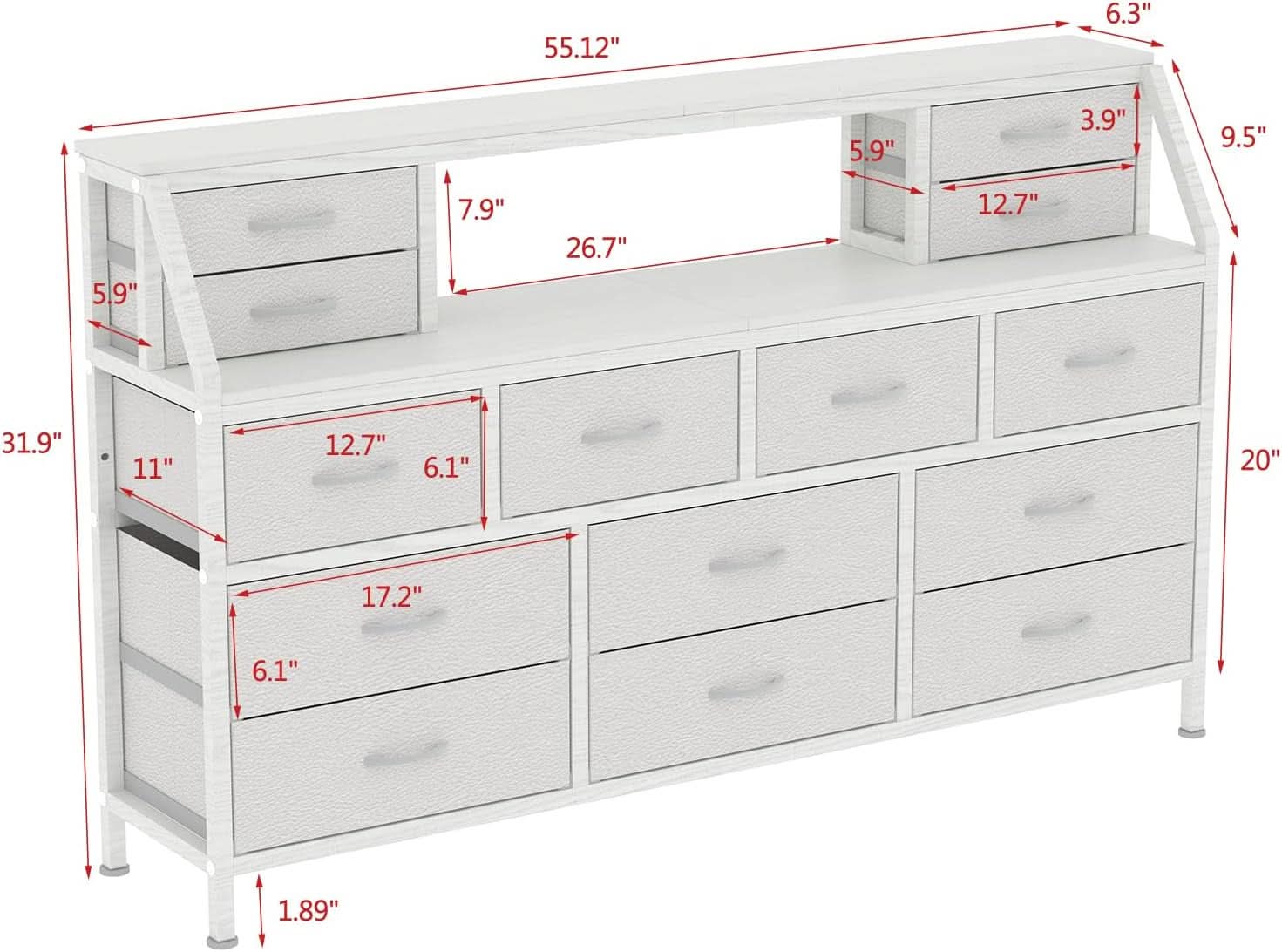 55 Inch Wide TV Stand Dresser 14 Drawers White Finish
