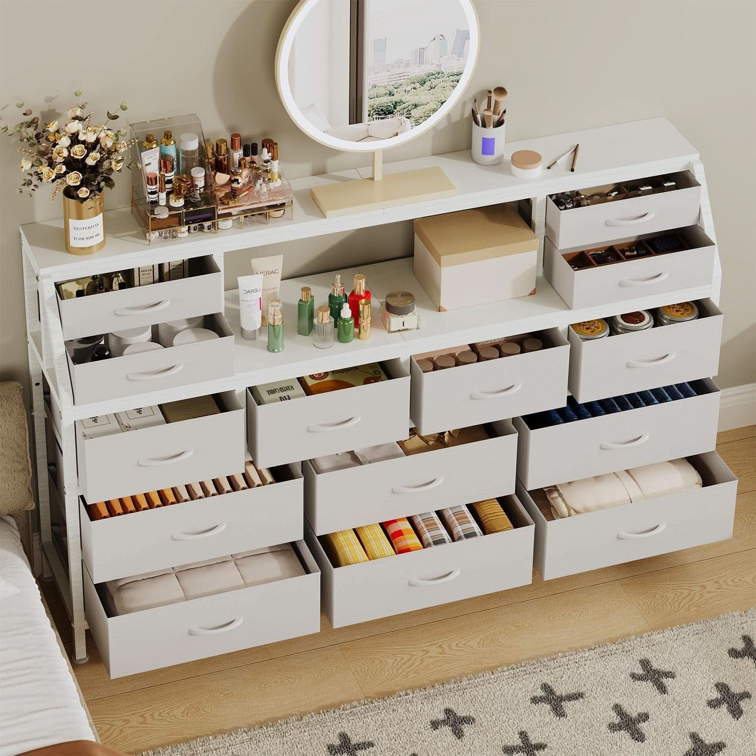 55 Inch Wide TV Stand Dresser 14 Drawers White Finish