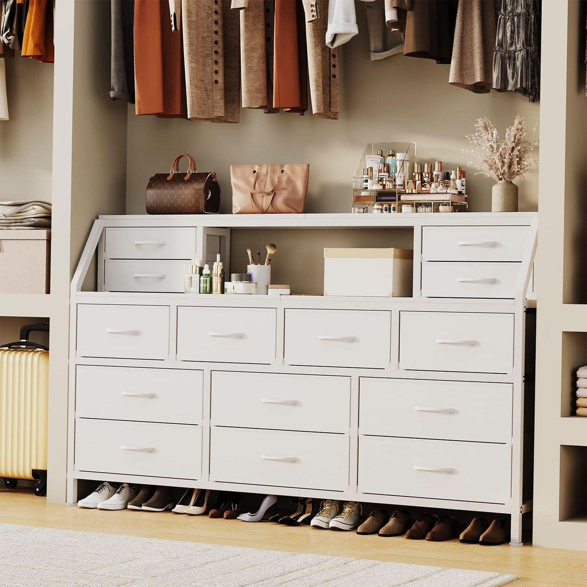 55 Inch Wide TV Stand Dresser 14 Drawers White Finish