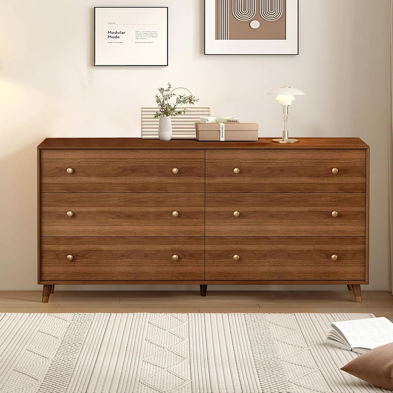 55 Inch Wide Walnut Finish Beveled Edge Solid Wood Dresser