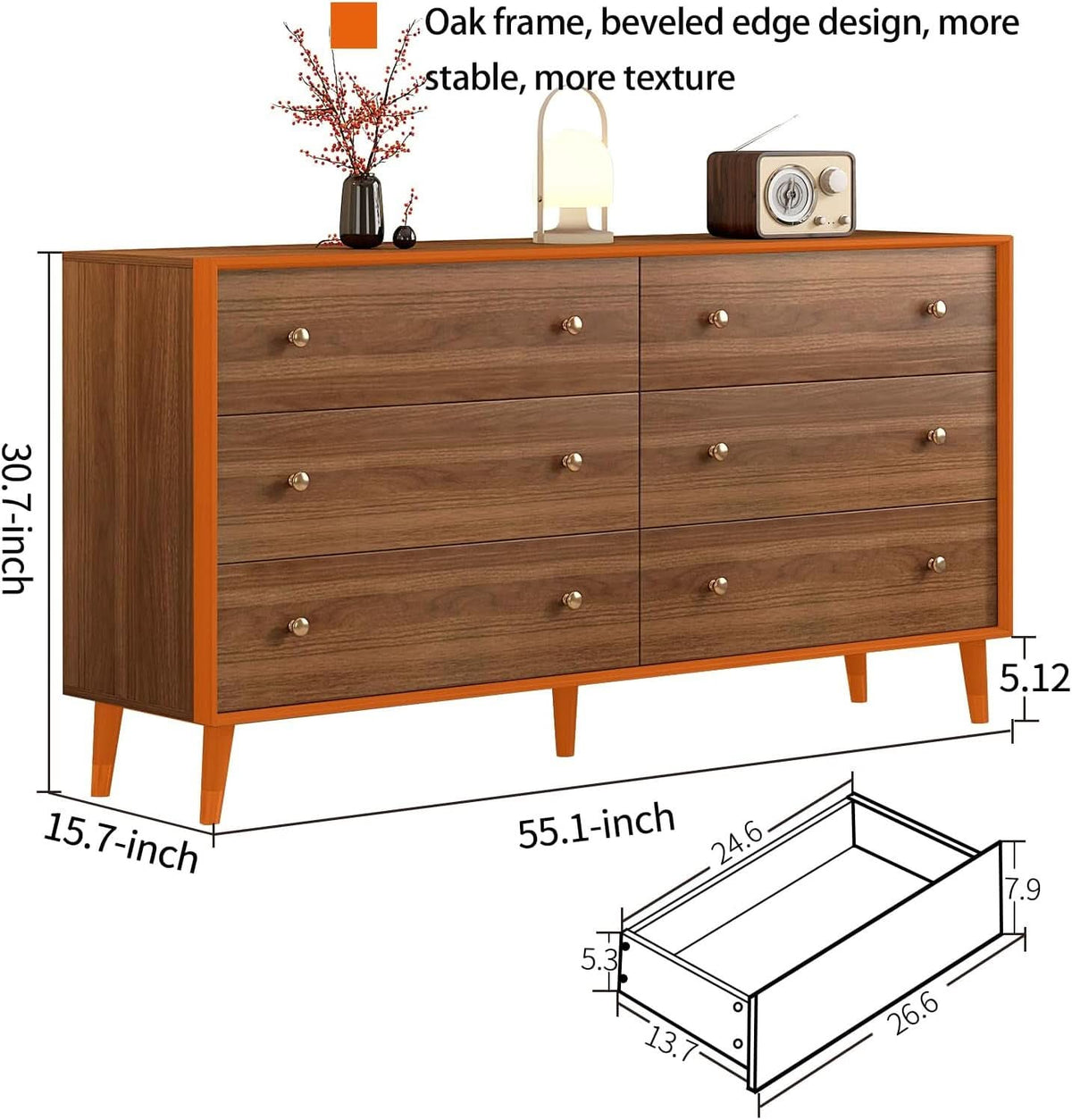 55 Inch Wide Walnut Finish Beveled Edge Solid Wood Dresser