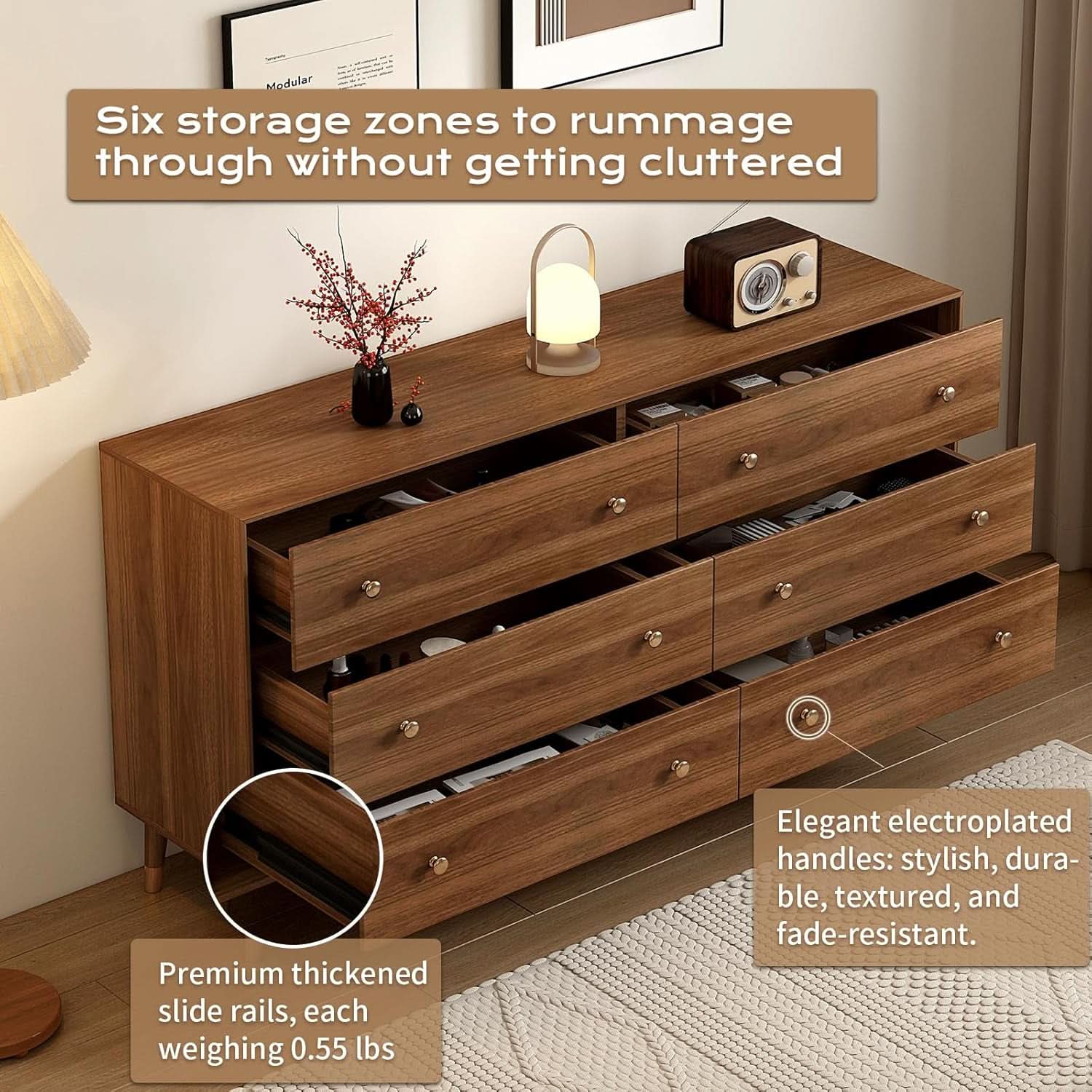 55 Inch Wide Walnut Finish Beveled Edge Solid Wood Dresser