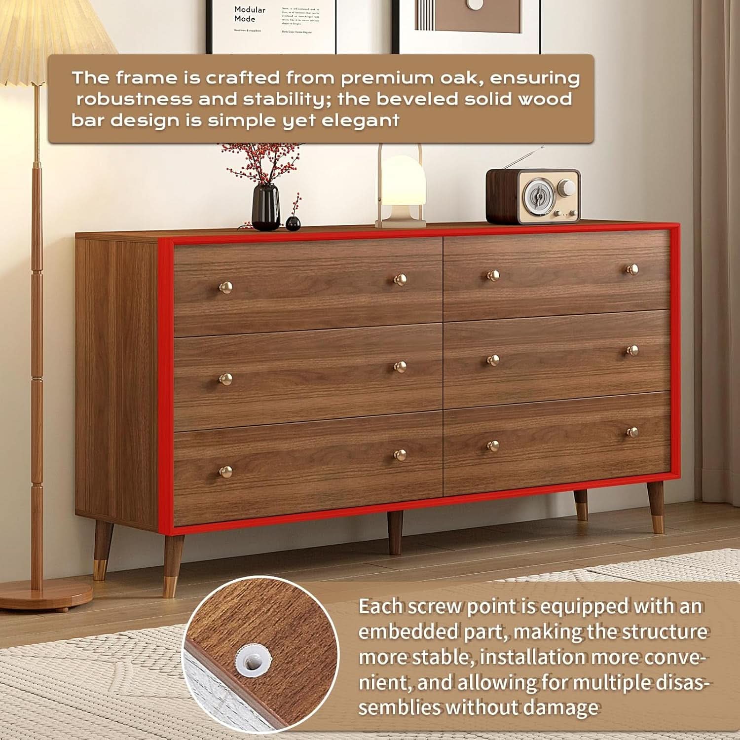 55 Inch Wide Walnut Finish Beveled Edge Solid Wood Dresser