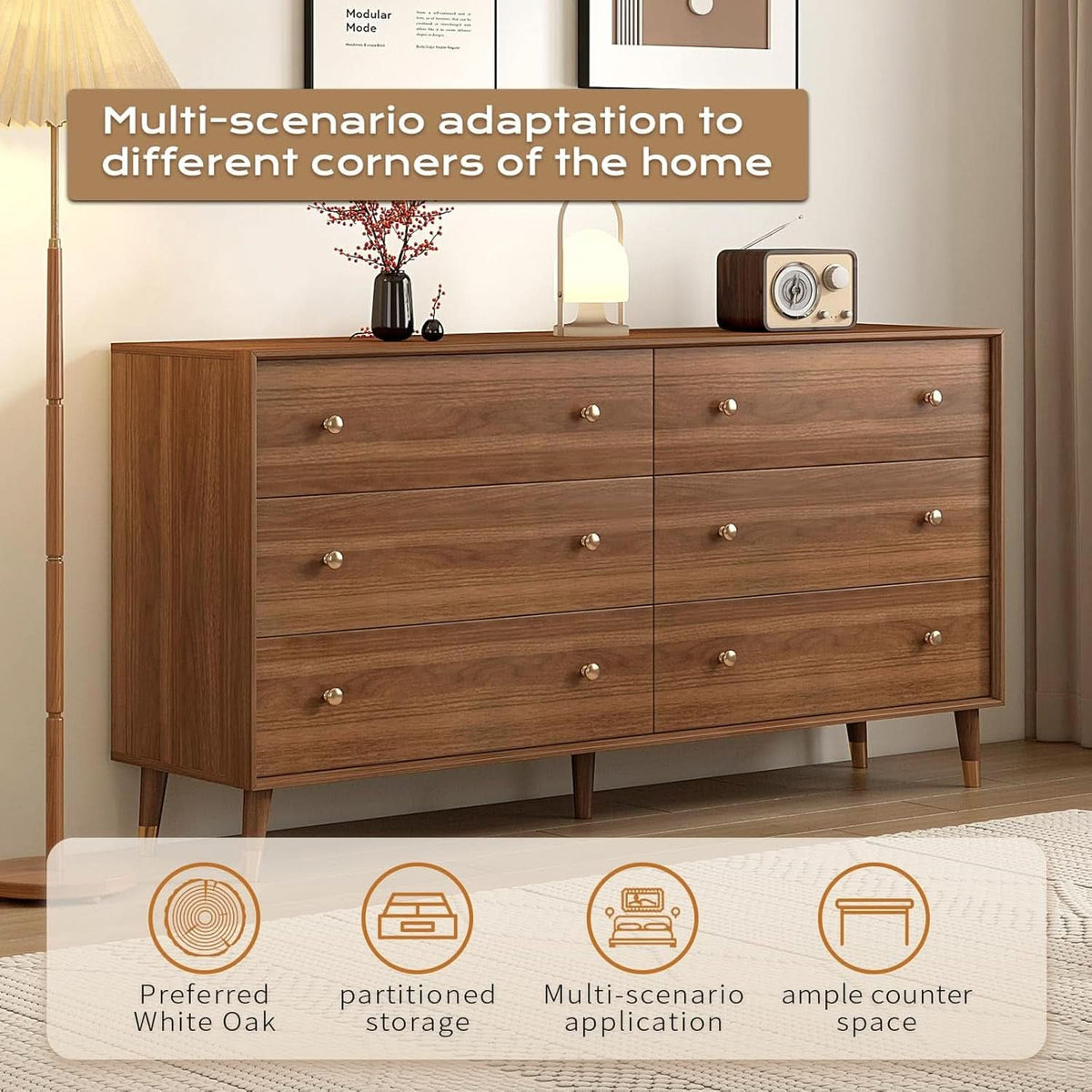 55 Inch Wide Walnut Finish Beveled Edge Solid Wood Dresser
