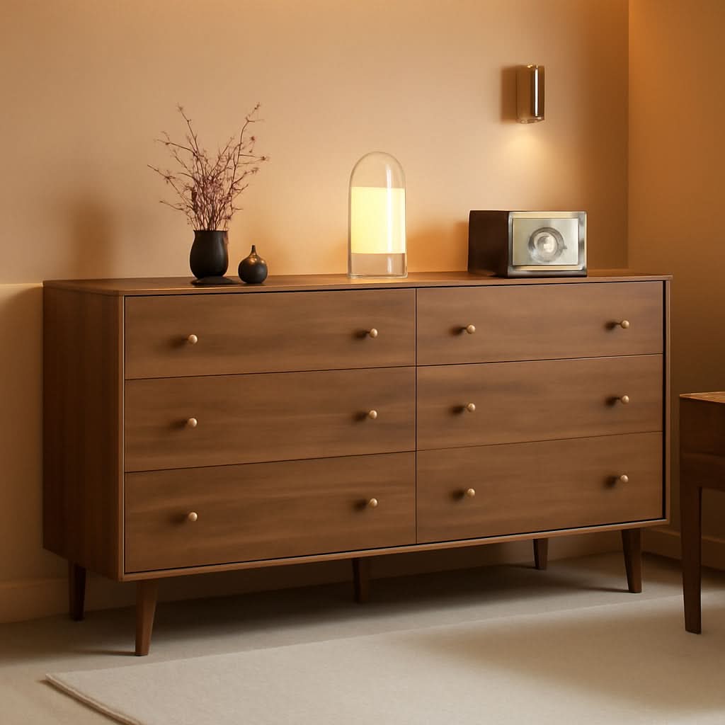 55 Inch Wide Walnut Finish Beveled Edge Solid Wood Dresser