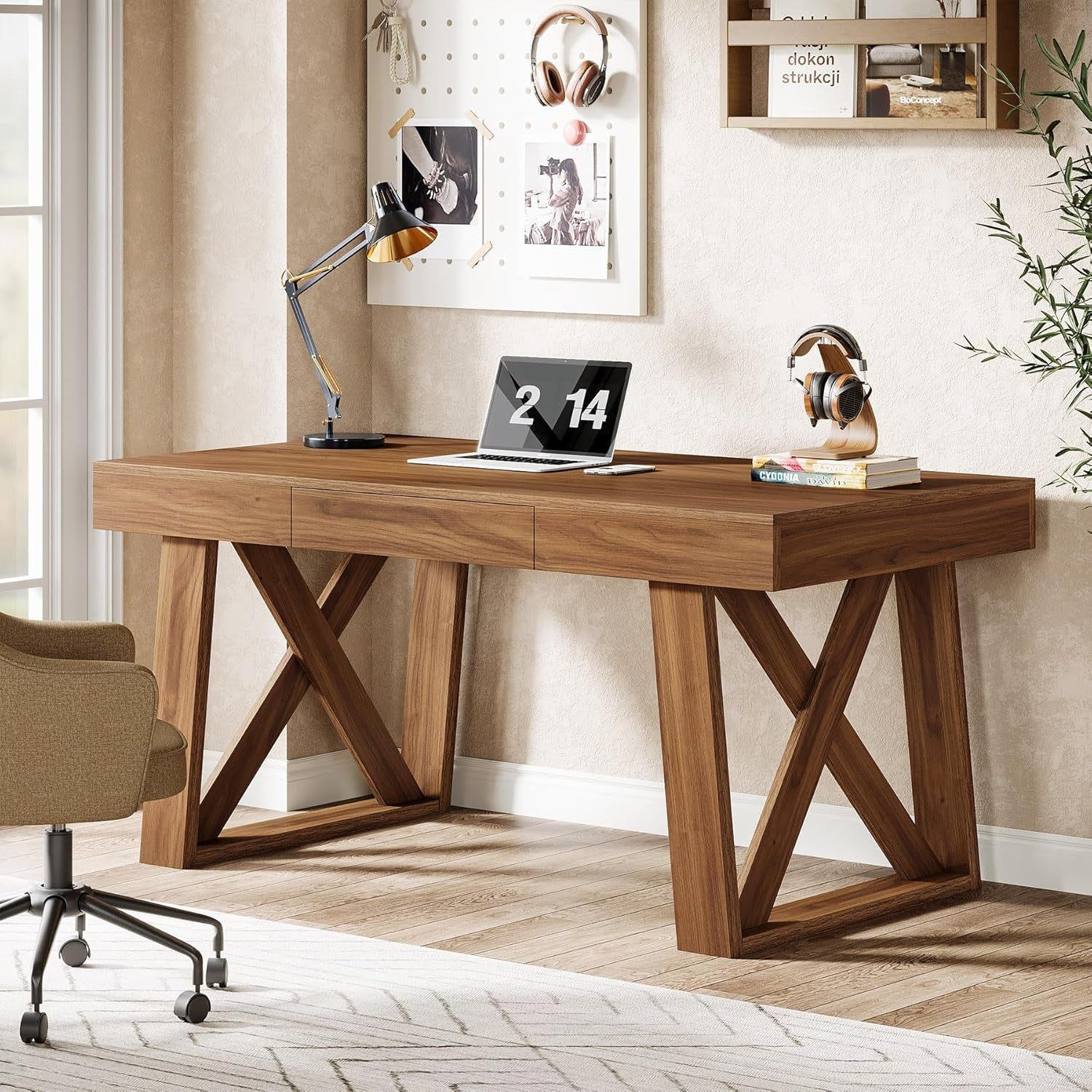 55 Inch Wide Walnut Finish Distressed Executive Desk