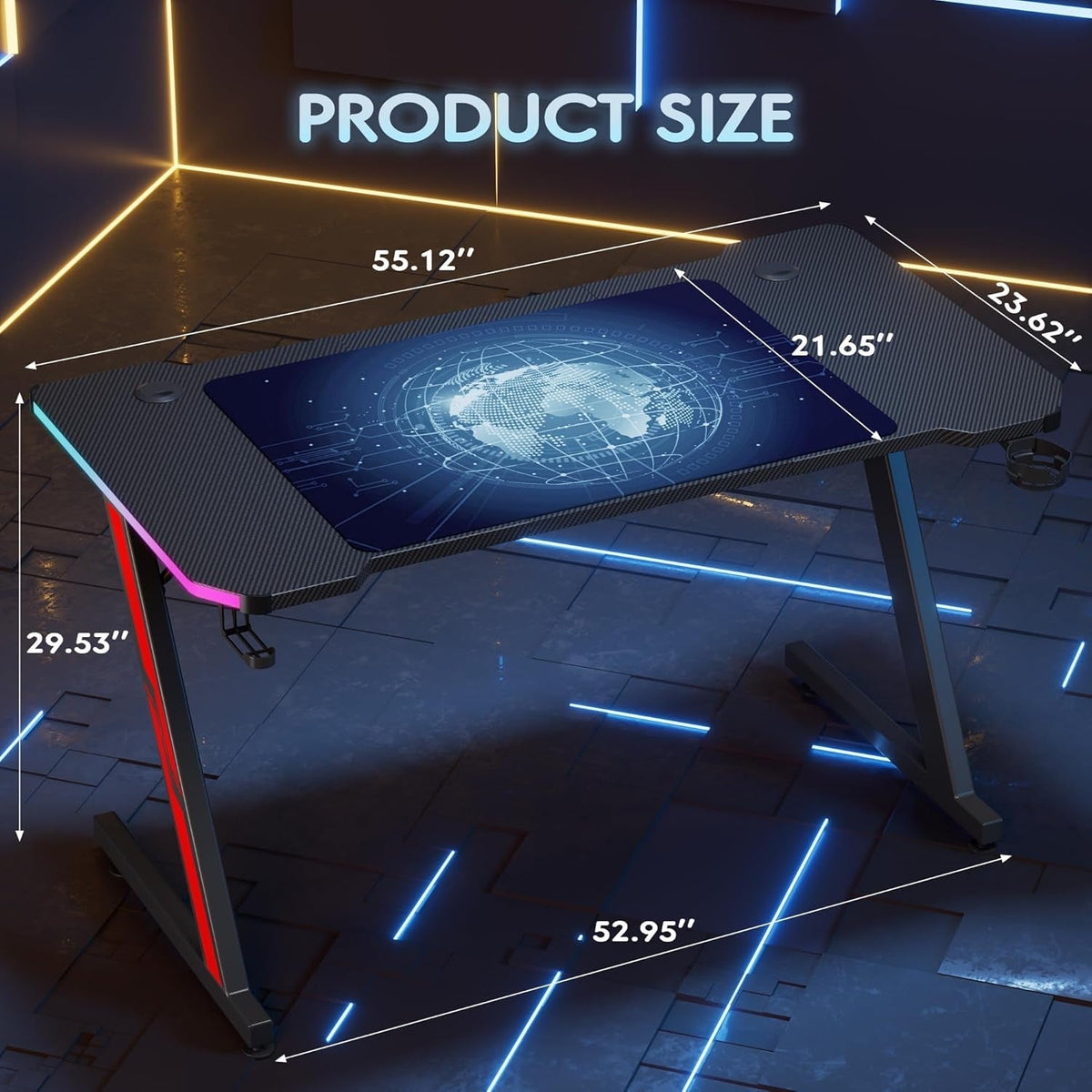55 Inch Z Shaped Gaming Desk With Carbon Fiber Surface