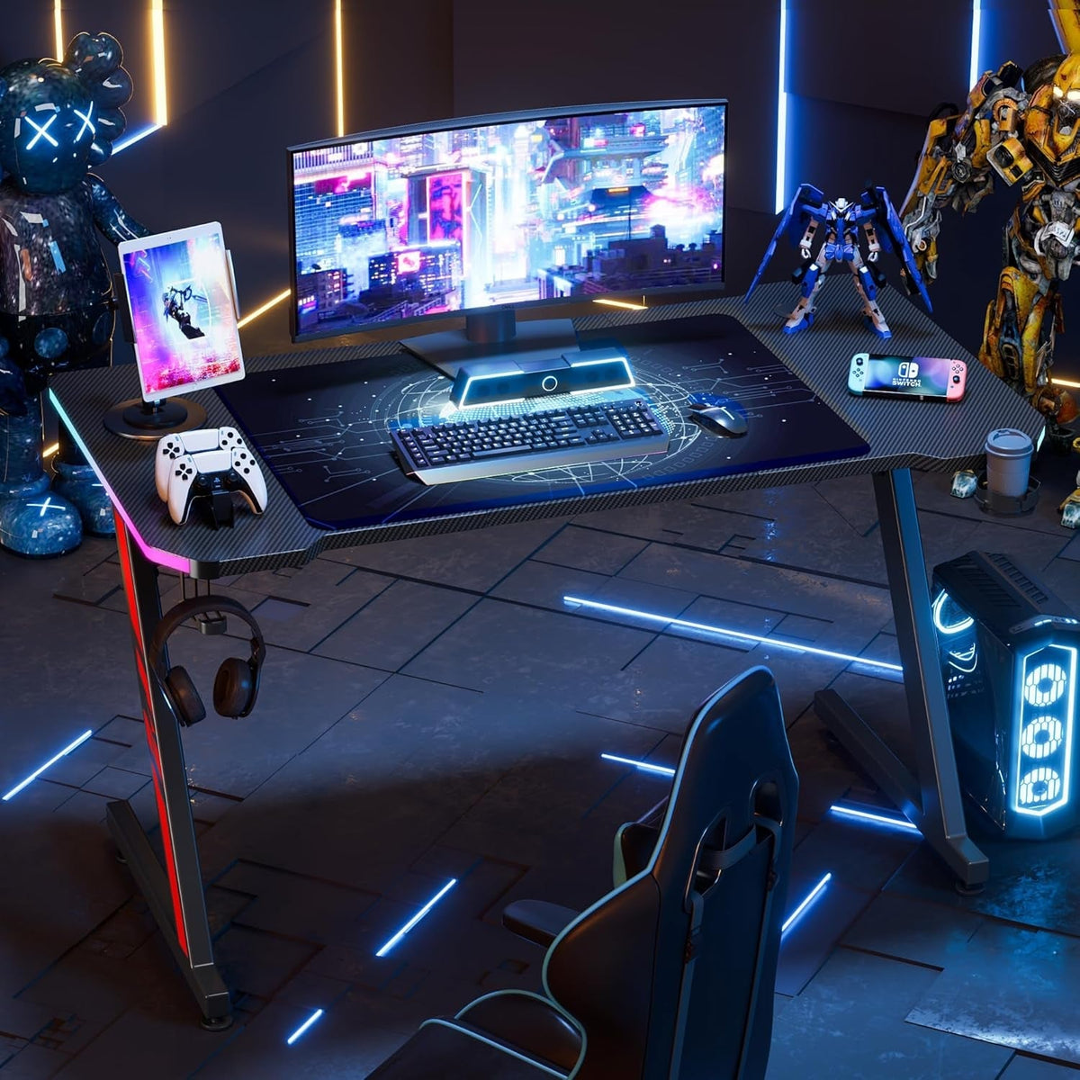 55 Inch Z Shaped Gaming Desk With Carbon Fiber Surface