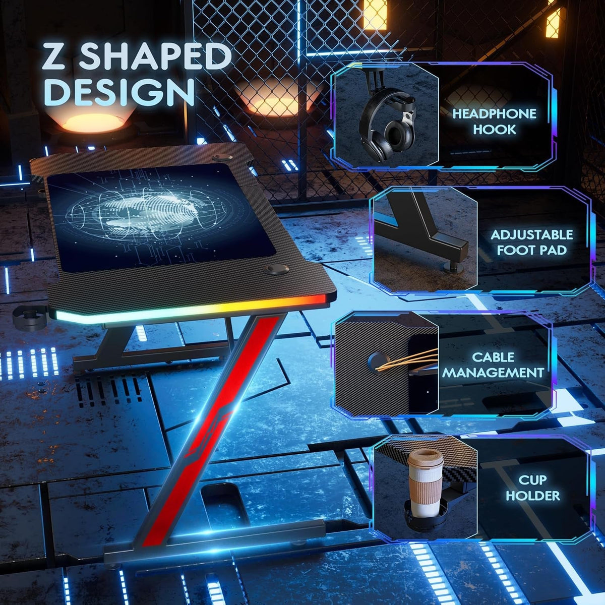 55 Inch Z Shaped Gaming Desk With Carbon Fiber Surface