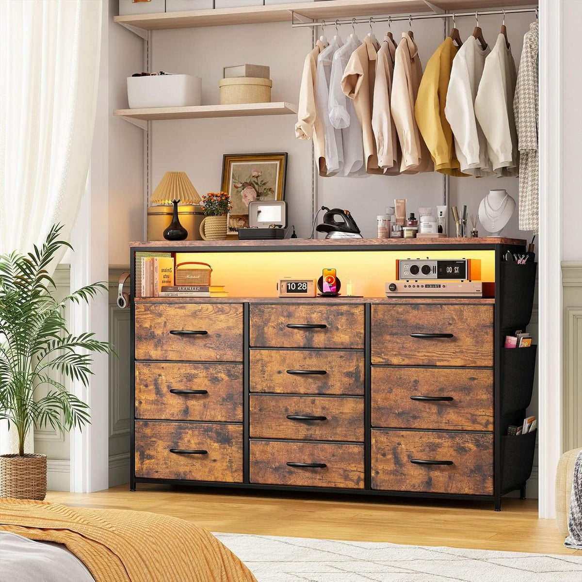 55In TV Stand Dresser With 10 Fabric Drawers And LED Lights