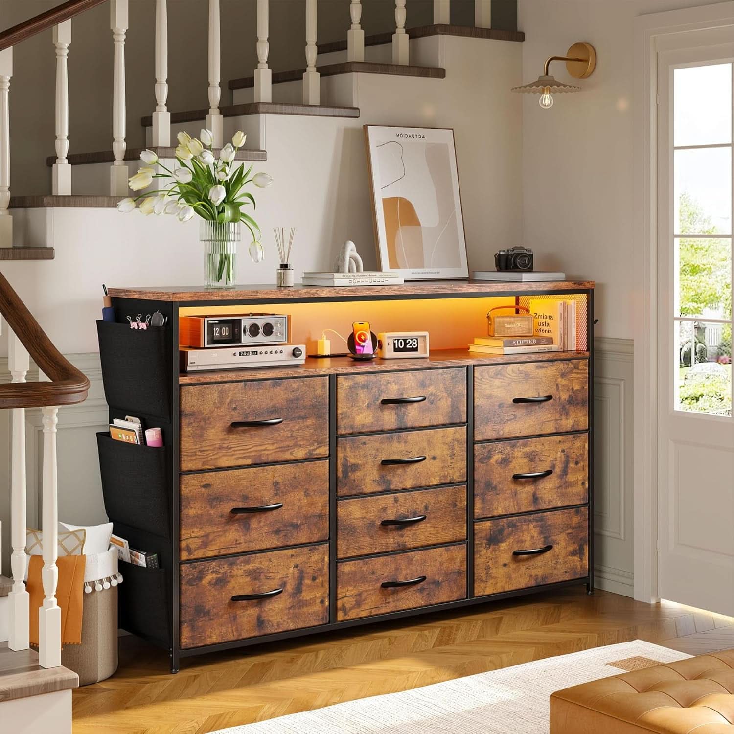 55In TV Stand Dresser With 10 Fabric Drawers And LED Lights