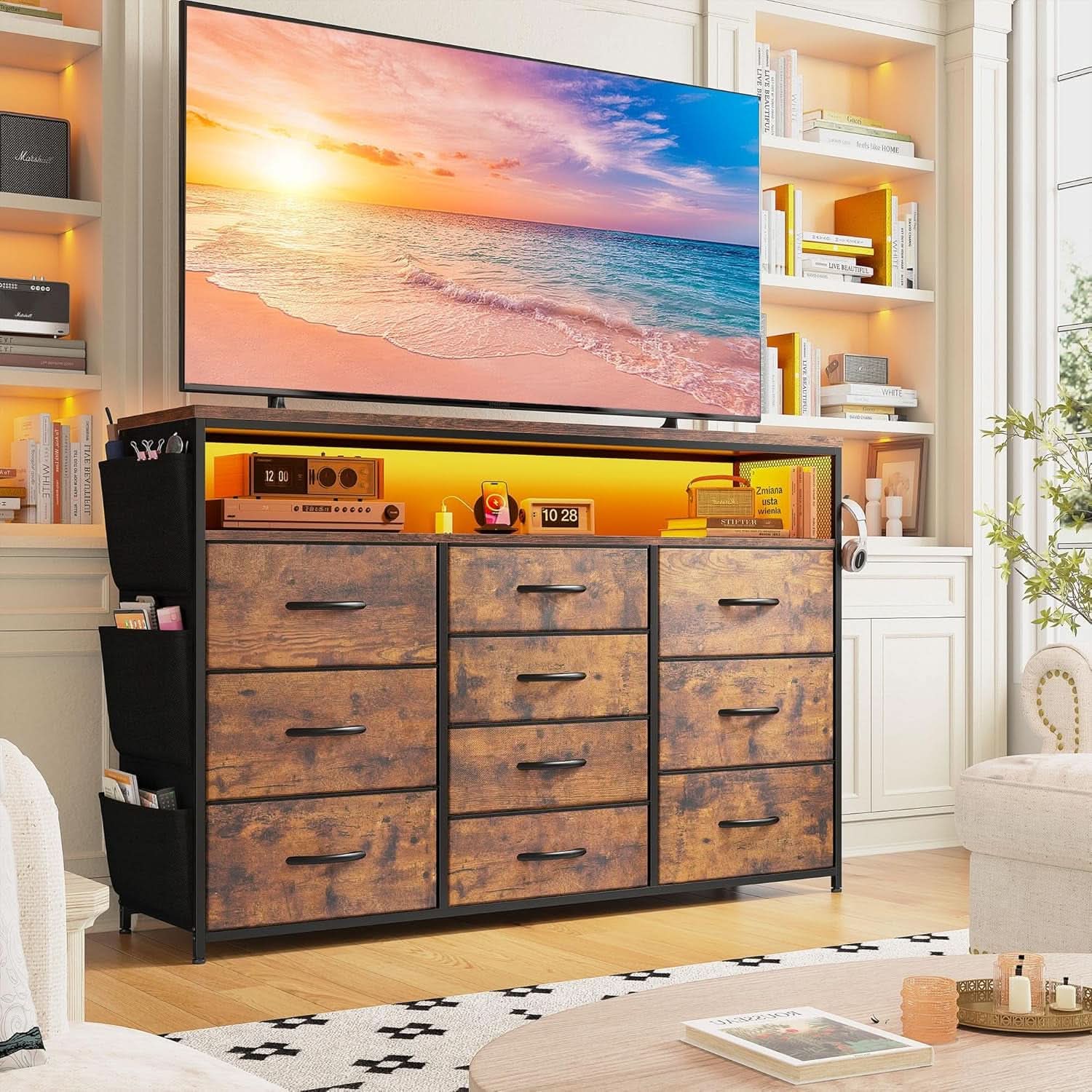 55In TV Stand Dresser With 10 Fabric Drawers And LED Lights