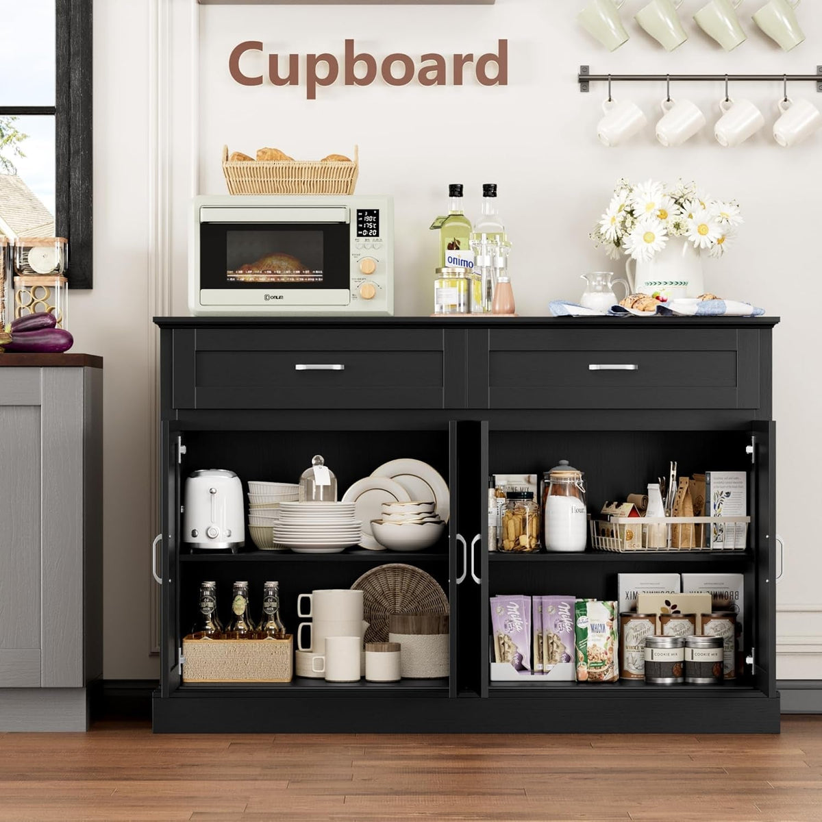 55.1 Inch White Sideboard Buffet Cabinet For Kitchen And Dining