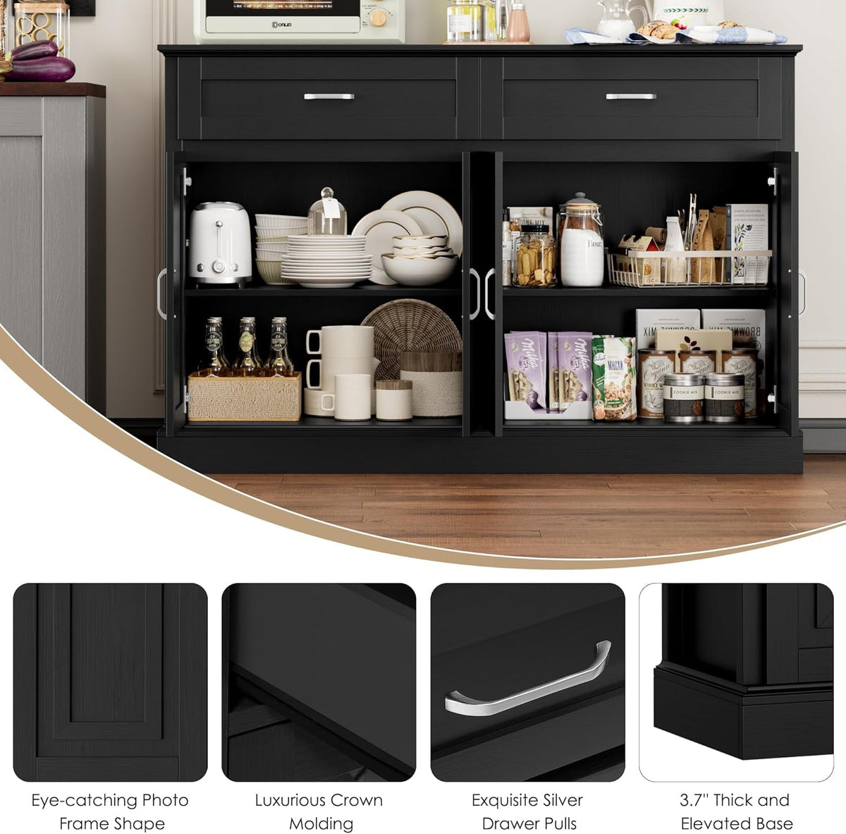 55.1 Inch White Sideboard Buffet Cabinet For Kitchen And Dining